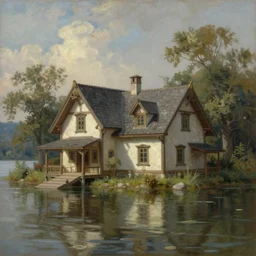 an oil painting of a lakehouse, masterpiece, highly detailed, high quality, 4 k, anatomically correct, hyperrealistic, concept art, octane render, unreal engine 5, trending on artstation, trending on deviantart, matte, historical painting, fantasy style, path traced, high coherence, soft lighting, digital painting, mythical