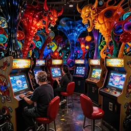 satanic arcade filled with demonic arcade cabinets by spider zero, benoit b. mandelbrot, jeff koons, chihuly, trending on artstation # chihuly