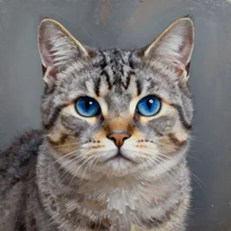 epic professional oil painting of a grey and brown striped cat with blue eyes, epic, stunning, gorgeous, intricate detail, much wow, 4K, masterpiece