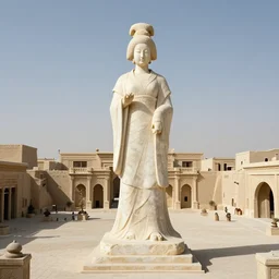 a giant marble statue of a japanese woman in the center of a large square in an ancient mesopotamia city, award winning photo