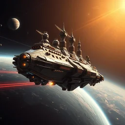 of 3 / 4 side view perspective of a historical inspired futuristic metal greebles egyptian war ship as a massive futuristic spaceship with cyberpunk futuristic aesthetics, as it travels through space, planets in the background by john.