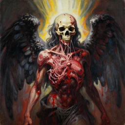 an angel with a skull made of meat and webs for the head, organic painting, dark, bold shapes, by greg rutkowski, by satoshi kon, by caravaggio, trending on artstation, dramatic lighting, horror, blood, god rays angelical