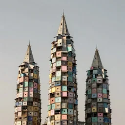 giant towers made up of makeshift squatter shacks with pastel colours, mamiya, uniform plain sky, fine details, minimalist, photographed by frans lanting