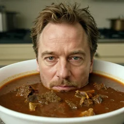 patrick stewart's head half submerged in a bowl of beef stew