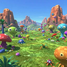 photo realistic vhs footage of a colorful alien world, with absurd looking mountains and terrain, green grass, and lots of weird alien plants, bright blue sky, wide angle view, dr seuss inspired