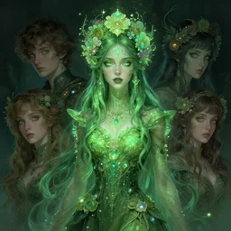 gorgeous green woman ; by james jean, charlie bowater, tom bagshaw, nikolay makovsky, melanie delon : : enchanting, ethereal, magical, glowing, sparkle, iridescent, flowerpunk, portrait, character design, illustration, hyperrealism, photorealism, digital art, concept art, dark fantasy, whimsy, weta, wlop, artstation