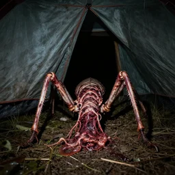 derelict footage, camping at night, inside tent, first person, hard flash, grotesque human crawling, tall insect legs, tendrils, veins, meat, wet