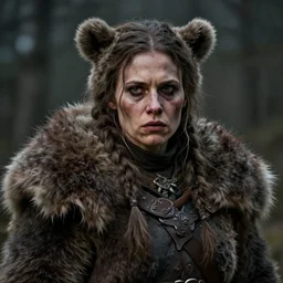 ugly female nordic berserker with bear fur coat | | realistic shaded, unpleasant face, bad looking, fine details, realistic shaded lighting poster by greg rutkowski, magali villeneuve, artgerm, jeremy lipkin and michael garmash and rob rey
