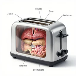 biologically accurate anatomical description of a toaster, with organs labeled
