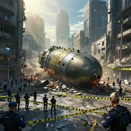 cyberpunk style city, a bomb hit the the city, many police and soldiers set up a cordon around, 8 k, cg, sunlight, cinematic, highly detailed, ultra detailed by tatsuki fujimoto