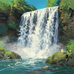 a wholesome animation key shot of a ( ( ( sunny ) ) ) waterfall panorama, studio ghibli, pixar and disney animation, sharp, rendered in gouache painting, anime gouache key art by greg rutkowski, bloom, dramatic, dynamic lighting