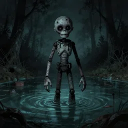creepy ruined abandoned fnaf character, fnaf animatronic rising from the lagoon at night, creepypasta, greg rutkowski, creepy dark beksinski painting, vhs footage, distorted, scary, creepy, haunted photo, really dark, slender, creature of the dark worlds, unsettling image, scp 0 9 6
