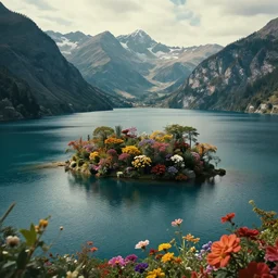 surrounded by mountains, lake in the middle, small island in the middle of the lake, the island is full of flowers, movie texture, 8 k, rich details