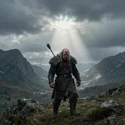 lonely ork warrior hit with an arrow in the shoulder and is bleeding, desolated mountains in the distance, cloudy atmosphere, rod rays, realistic, style of tolkien world, 4 k, masterpiece, epic, maximalist