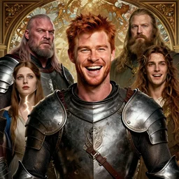 stunning portrait of laughing ( ( ( ( red haired chris hemsworth ) ) ) ) as destruction from sandman looking like kristofer hivju!!, medival armour, by jeremy mann, by frank moth, by jeff easley, by alphonse mucha, dave mckean, soft lightning, high detailed, 8 k