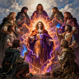 eternal plight of hopeful sinners by whelan, baldung, driben, massys, hubert robert, staples, burdisio, swanland, shishkin, rombouts, beautiful, mythical, mystical, cloak, robe, highly detailed, hyperrealistic, intricate, energy, orange and purple electricity, blue flame, low light, high contrast, lifelike, bright sky