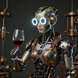 a beautiful intricate fine art portrait photo of a mechanical industrial steampunk cybernetic sommelier holding a glass of wine, by tom bagshaw and zach sutton, perfection!, studio lighting, 35mm lens, very detailed, ring light in the eyes, bionic, cybernetic scifi, deep depth of field, artstation, 8K, highly coherent