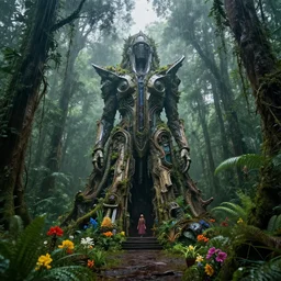 amazing photo of a weird eerie futuristic monument in a rainforest, surrounded by hippies and flowers