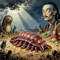 a beautiful tardigrade landscape with weird tardigrade creatures by hieronymus bosch and dali