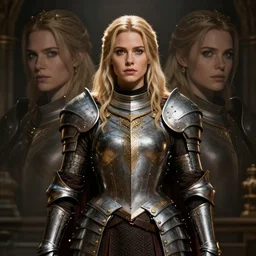 front centered symmetrical RPG avatar portrait, Elisha Cuthbert as a paladin, blonde hair, ornate armour, dramatic lighting, cinematic, establishing shot, high detail, photo realistic, cinematic lighting, post processed, 8k, concept art, artstation, matte painting, in the style of eddie mendoza, raphael lacoste, alex ross
