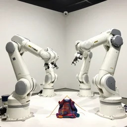 4 massive kuka robot arms knitting a tiny sweater with multicolor yarns and knitting needles, the kuka robot arms are glossy white, the robot arms are mounted on the white walls of a gallery, ultrarealistic, photorealistic, volumetric lighting, photography