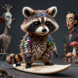 portrait of humanoid raccoon surfer made of mycelium and iridescent scales, amanita muppet punk, basil wolverton, r crumb, hr giger, dali