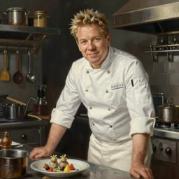 Medium full shot of Gordon Ramsay wearing a chef uniform in a kitchen, oil painting, classicism style