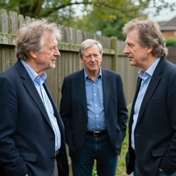 portrait of slavoj zizek having a conversation by a fence with bob vila and bob ross