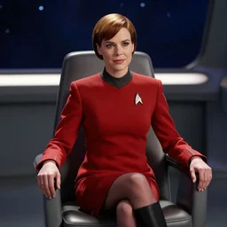 Bonnie Wright as Kathryn Janeway from Star Trek, wearing a red captain's uniform, sitting in the captain's chair on the bridge of the starship Voyager