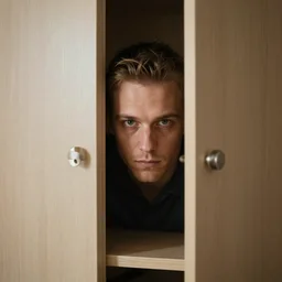 agent 4 7 hiding in bedroom cupboard, highly detailed, 8 k, hdr, smooth, sharp focus, high resolution, award - winning photo