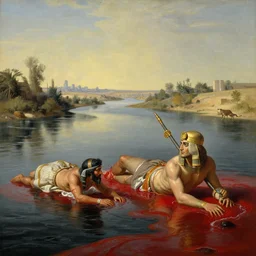 illustration of Egypt river of blood, realistic painting, classical painting, high definition, digital art, matte painting, very detailed, realistic