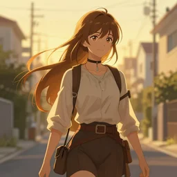 the chosen hero at the end of her quest, detailed, beautiful, golden hour, tokyo suburbs, digital art, artstation