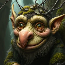 a friendly goblin with a big nose and wide eyes, covered in branches and moss, portrait by daniel docciu and dave dorman and jeff easley