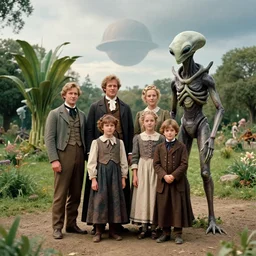 highly detailed, 435456k film, 1612800mm film still from a sci fi blockbuster color movie made in 2019, set in 1860, of a human family standing with an humanoid alien, next to a strange alien plant, in a park on an alien planet, the family are wearing 1860s era clothes, good lighting, good photography, ultra high definition, in focus, 35mm macro lens