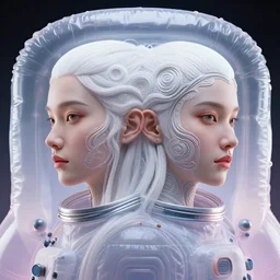 portrait of yael shelbia and kang seul - gi, astronaut, symetrical facial, white hair, intricate design details. cyberpunk touareg, by ruan jia, weldon casey, christophe vacher. smooth gradients, transparent inflatable structures.