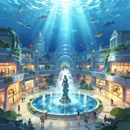 Shopping mall in a bustling beautiful city on the sea floor in a glass dome, anime, fountain, statue, underwater, rapture, fish flying over head, godrays, a fantasy digital painting by Makoto Shinkai, trending on Artstation, highly detailed