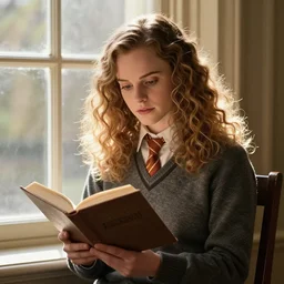 portrait of Natalie Portman as Hermione Granger sitting next to a window reading a book, focused expression, golden hour, art by Kenne Gregoire and Krenz Cushart, trending on artstation