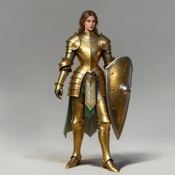 full - body portrait of a female italian warrior wearing elegant golden plate mail armor with green and white accents, holding a tower shield, highly detailed, digital fantasy painting, artstation, character concept art, smooth, sharp focus, illustration, art by artgerm and greg rutkowski and alphonse mucha
