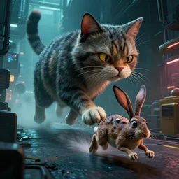 by mark ryden in cyberpunk environment, 4 k ultra high resolution, huge 🐱 chasing terrified 🐭 fleeing, horror, long camera shot