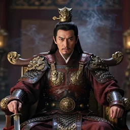 moody portrait of a tai warlord sitting in throne in royal hall. 3 0 years old. camera is right in front of him. very beautiful and handsome symmetric face. he has serious expression. he is staring right into camera. he is wearing traditional costume and leather armor and bronze headdress. he is holding a iron dagger in his hand. smoke machine effects, the light is dim,