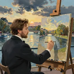 mcgregor is dressed as a gentleman at early 2 0 th century paris. he is watching an easel. that easel has a canvas on it. ewan mcgregor has a brush on his hand. he is painting a painting. realistic painting with strong outlines. background has river seine, morning sun, dark clouds, by studio ghibli