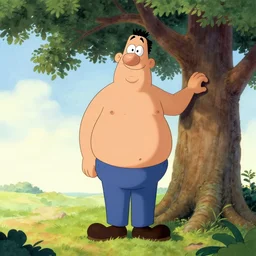 “a cartoon giant standing next to a tree, in the style of Thomas Kinkade, trending on ArtStation”