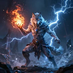 magic humanoid wolf sorcerer casting a powerful arcane magic spell, fire, ice, lightning, fantasy, occult, majestic pose, dramatic lighting, cinematic scene, frank frazetta, visually stunning, sharp focus, highly detailed, colorful, trending on artstation, cgsociety, artgerm, award - winning