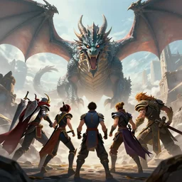 album cover art. our heroes face down a dragon for the last battle. boss fight. artstation. masterpiece.