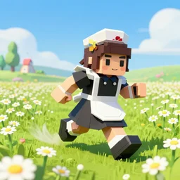 ( low p oly ) playstation 1 9 9 9 running ( ( anthropomorphic ) ) ( ( lurantis ) ) maid wearing a hat standing in a ( field of daisies ), mount coronet in the distance digital illustration by ruan jia on artstation