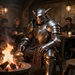 an anthropomorphic dnd kobold paladin, wearing full metal plate mail, in a tavern, by the hearth, photography by bussiere rutkowski andreas roch, by george morikawa, by kentaro mire, highly detailed, 8 k