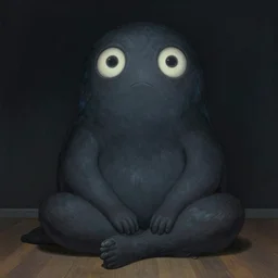 a large creature sitting on the floor with eyes wide open in a dream in style of john howe