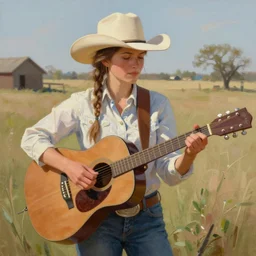 a painting of a young country woman playing a guitar in the texas hill - country, in the style of casey baugh, digital art