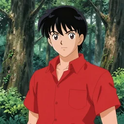 a still of a 90s OVA anime of a man with black hair wearing a red shirt in a forest