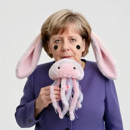angela merkel holds a fluffy cute plush jellyfish with very long ears 8 k, hd